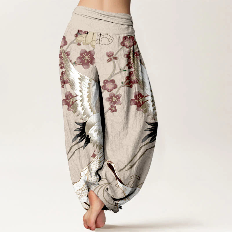 Buddha Stones Pure Cotton Cranes Flowers Clouds Patterns Women's Elastic Waist Harem Pants