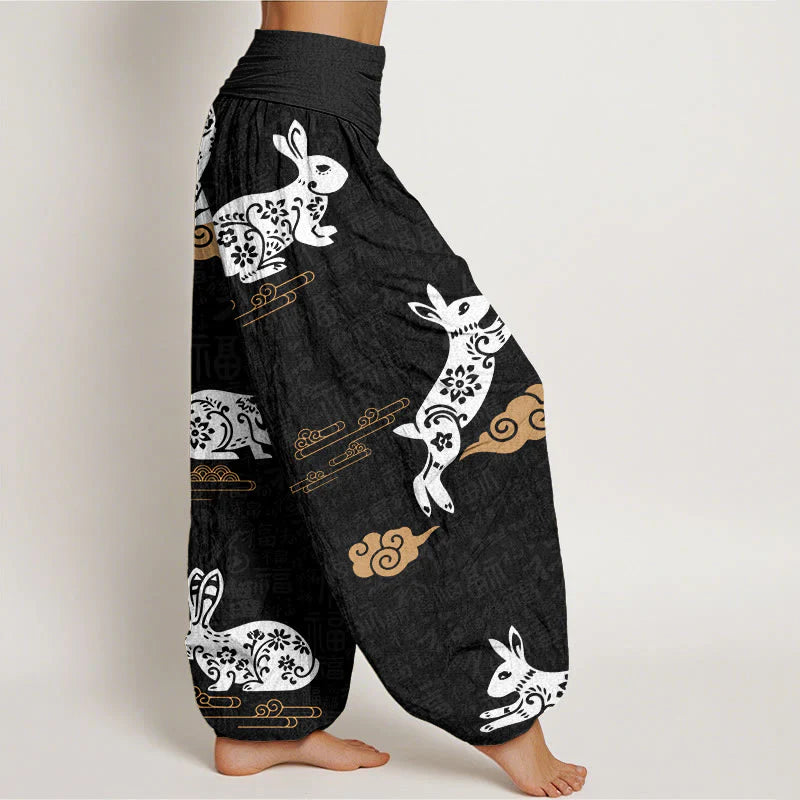 Buddha Stones Cotton White Rabbit Auspicious Cloud Pattern Women's Elastic Waist Harem Pants