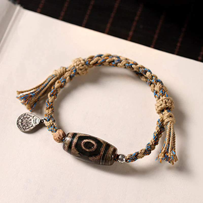 Buddha Stones Handmade Tibetan Dzi Bead Wealth Protection Braided String Bracelet