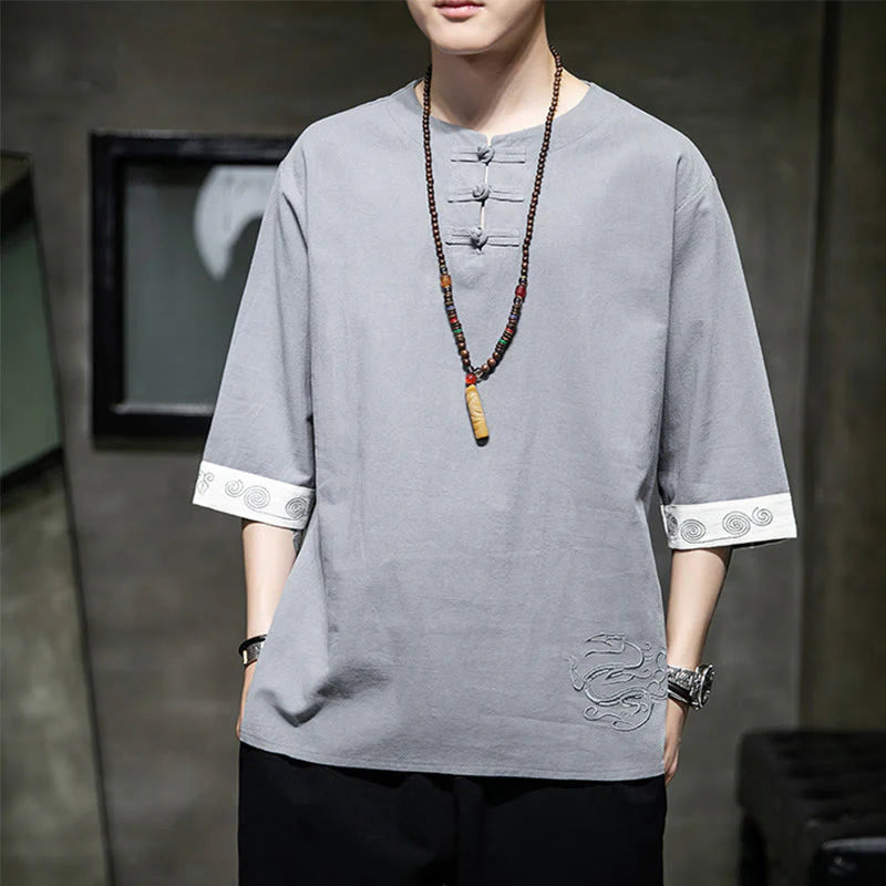 Buddha Stones Summer Embroidery Plain Frog-Button Men's Crew Neck Half Sleeve Cotton Linen Shirt Clothing