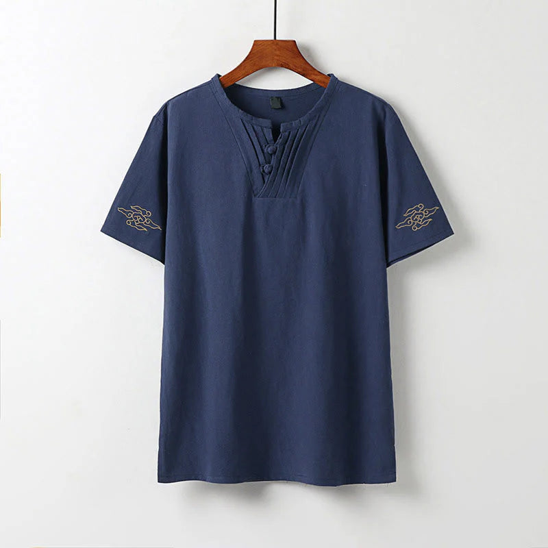 Buddha Stones Summer V-Neck Frog-Button Short Sleeve Clouds Embroidery Cotton Linen Men's Shirt