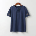 Buddha Stones Summer V-Neck Frog-Button Short Sleeve Clouds Embroidery Cotton Linen Men's Shirt