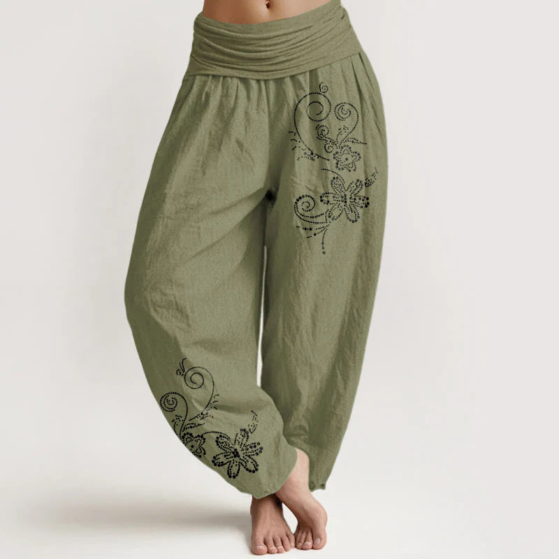 Buddha Stones Pure Cotton Composed Of Dots Vine Flower Pattern Women's Elastic Waist Harem Pants