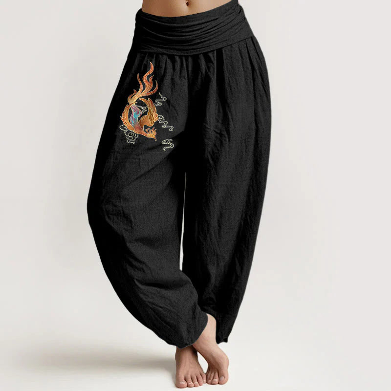 Buddha Stones Women's Pure Cotton Phoenix Auspicious Cloud Pattern Elastic Waist Harem Pants