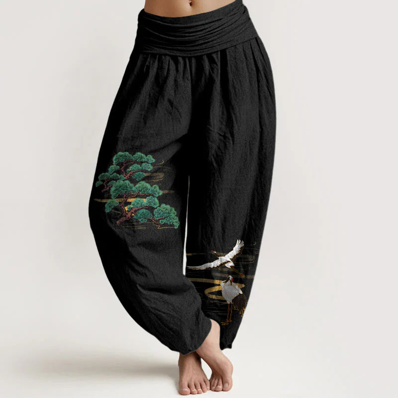 Buddha Stones Pure Cotton Elegant Colors Pine Tree Crane Pattern Women's Elastic Waist Harem Pants
