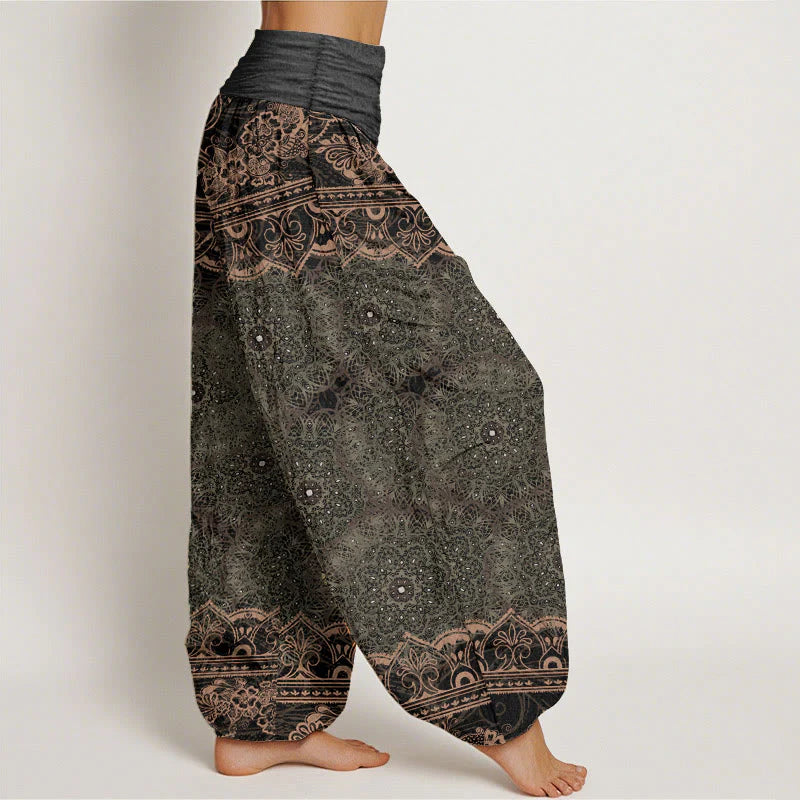 Buddha Stones Cotton Elegant Mandala Flowers Design Women's Elastic Waist Harem Pants