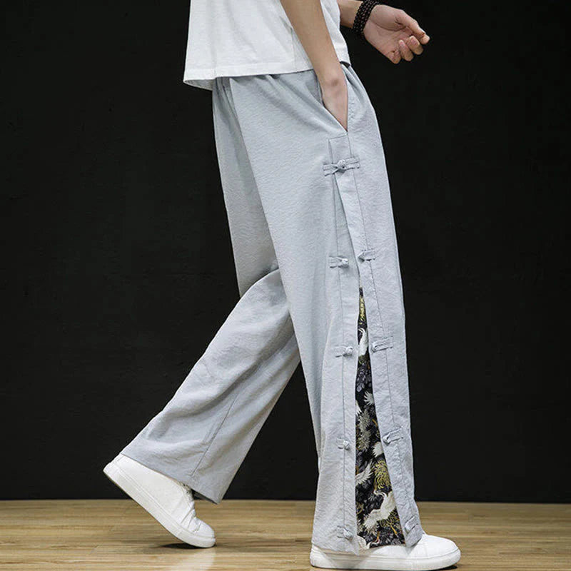 Buddha Stones Casual Patchwork Crane Pattern Frog-Button Design Men's Wide Leg Pants With Pockets