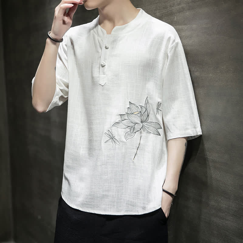 Buddha Stones Summer Embroidered Lotus Dragonfly Pattern Chinese Frog-Button Men's Short Sleeve T-shirt