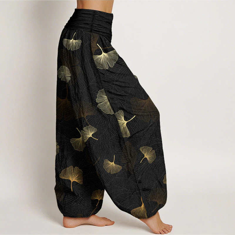Buddha Stones Cotton Elegant Ginkgo Pattern Women's Elastic Waist Harem Pants