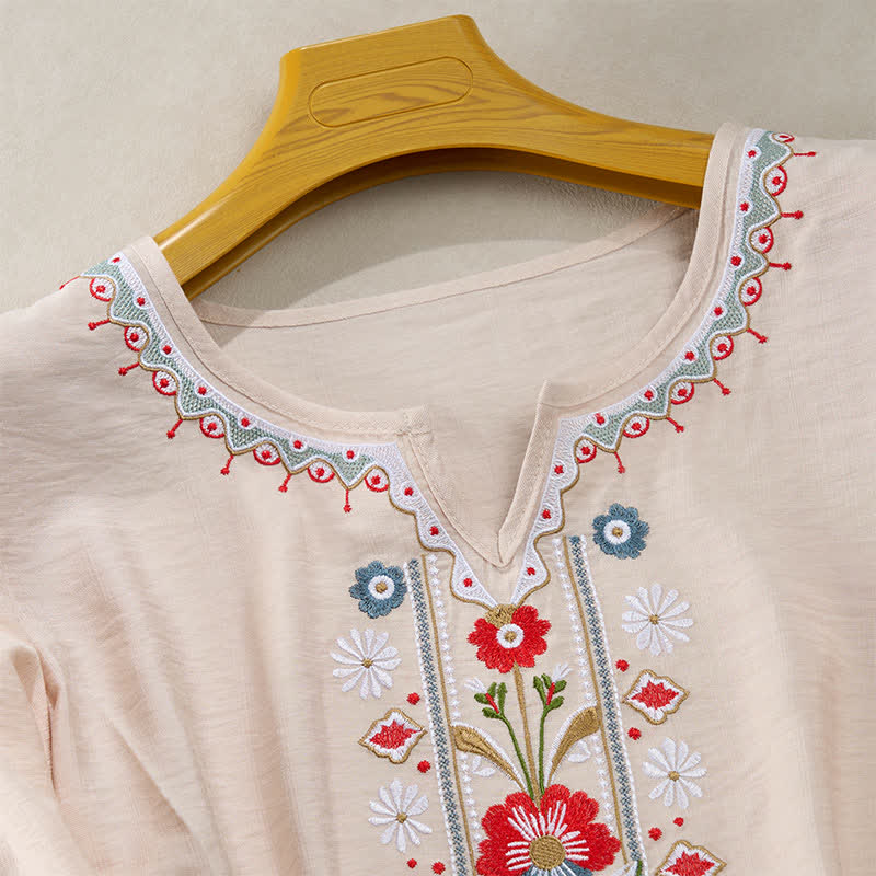 Buddha Stones Spring Boho Embroidered Cotton Linen Elbow-Length Sleeve Women's T-Shirts