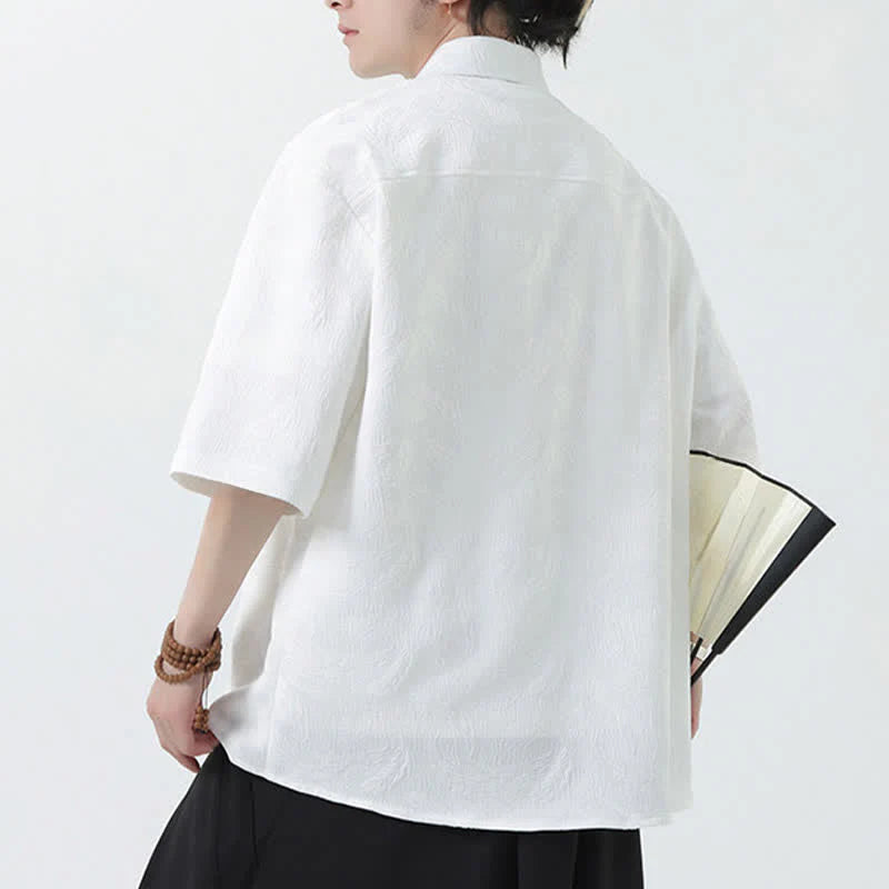 Buddha Stones Summer Mandarin Collar Textured Jacquard Men's Elbow Sleeve Shirt