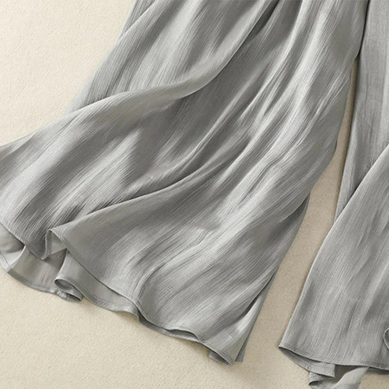 Buddha Stones Light Gray Pleated Design Elastic Waist Women's Wide Leg Pants With Pockets