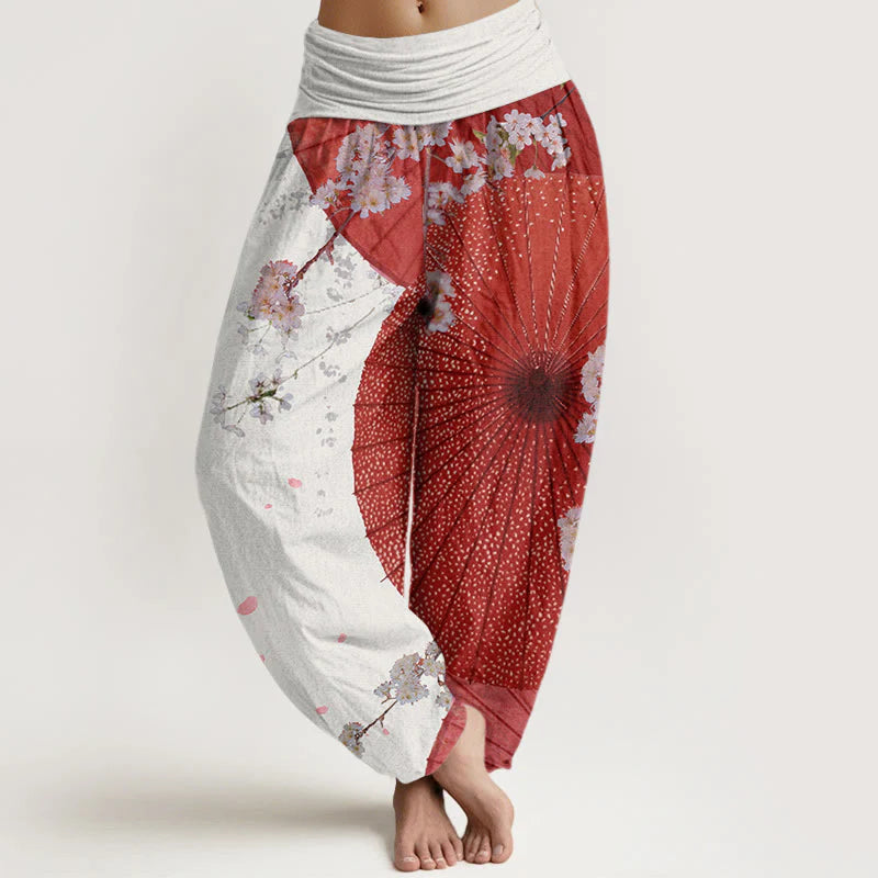 Buddha Stones Cotton Casual Red Oil-paper Umbrella Cherry Blossom Pattern Women's Elastic Waist Harem Pants