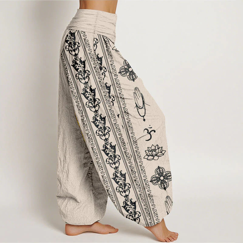 Buddha Stones Pure Cotton Lotus Flowers Double Dorje Vajra Namaste Om Design Women's Elastic Waist Harem Pants