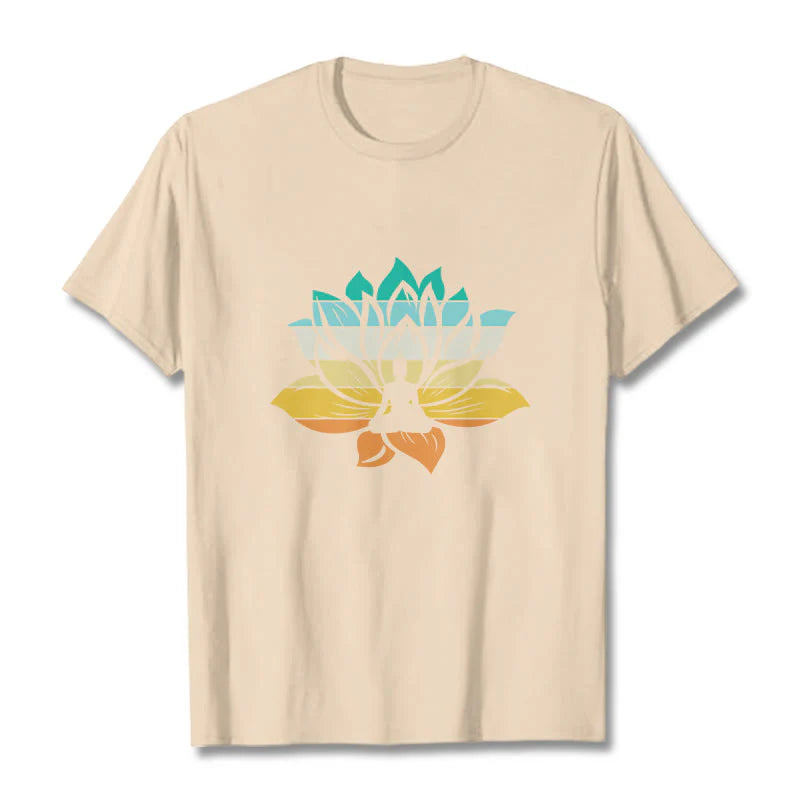 Buddha Stones Gradient-colored Lotus Flower Buddha Meditation Cotton Tee T-shirt