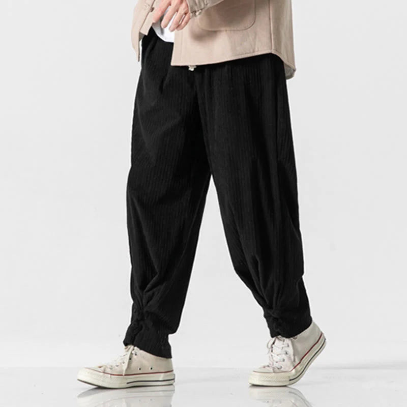 Buddha Stones Fall Winter Men's Pure Color Button Design Cotton Straight Leg Pants With Pockets