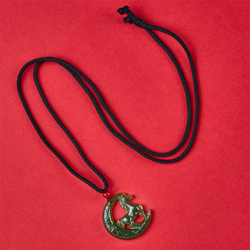 Buddha Stones Chinese Zodiac Year Of The Horse Charm Carved Jade Luck Prosperity Necklace Pendants
