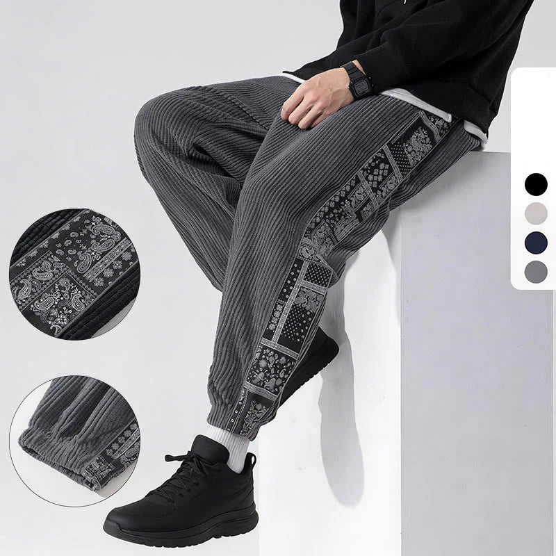Buddha Stones Fall Solid Drawstring Side Paisley Pattern Straight Leg Ankle-length Corduroy Men's Pants With Pockets