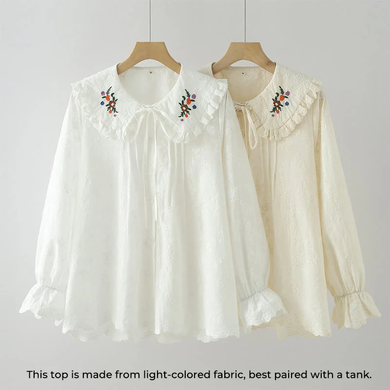 Buddha Stones Fall White Floral Embroidery Peter Pan Collar Buttons Women's Cotton Long Sleeve Shirt