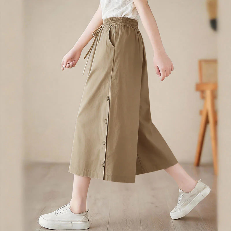 Buddha Stones Plain Buttoned Side Design Capri Cropped Women's Wide Leg Pants With Pockets