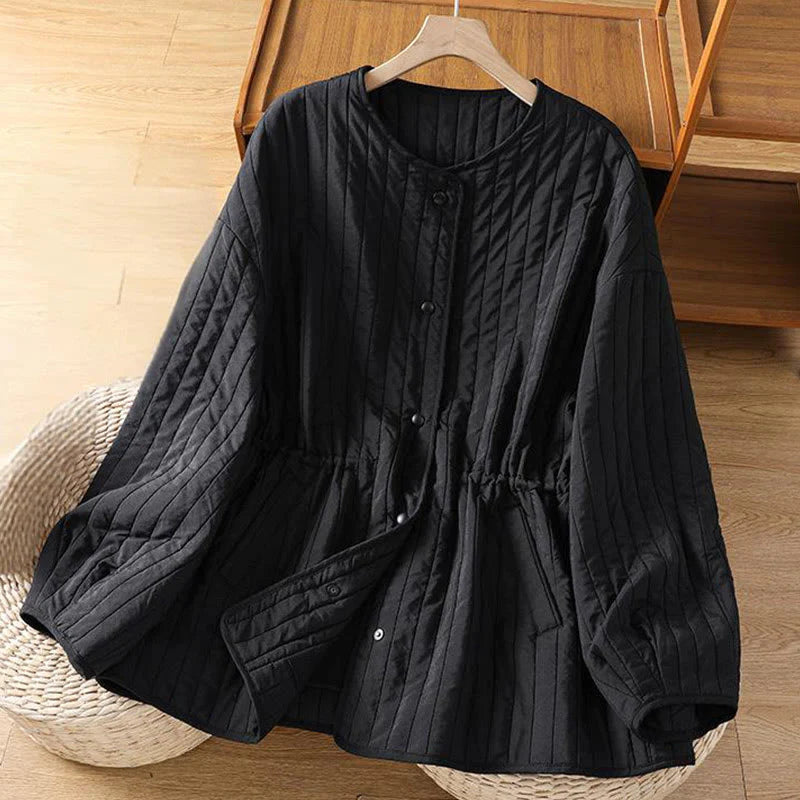 Buddha Stones Women's Plain Crew Neck Drawstring Design Long Sleeve Cotton Jacket With Pocket