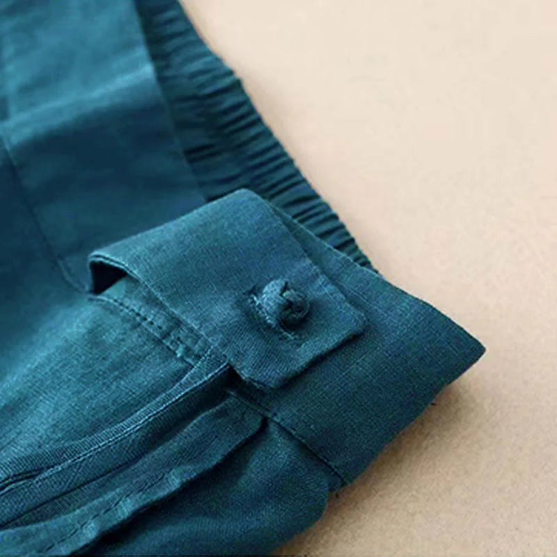 Buddha Stones Casual Solid Color One Button Women's Capri Wide Leg Pants With Pockets
