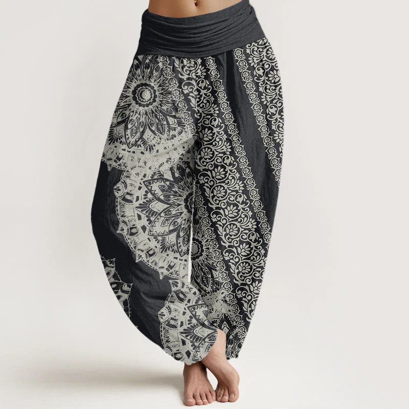 Buddha Stones Cotton Mandala Pattern Parallel Flowers Women's Elastic Waist Harem Pants
