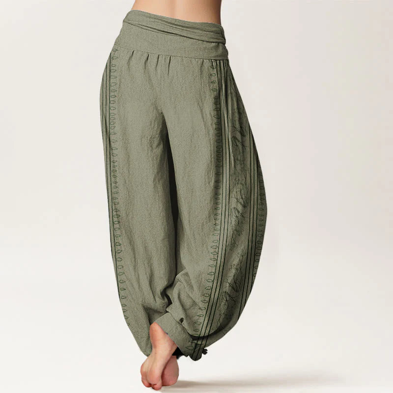 Buddha Stones Cotton Dharma Wheel Lotus OM Pattern Women's Elastic Waist Harem Pants