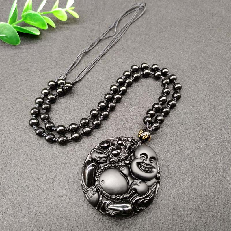 Buddha Stones Laughing Buddha Pattern Black Obsidian Glass Fulfilment Necklace Pendant