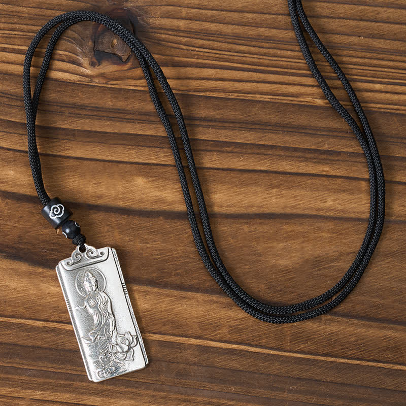 Buddha Stones Copper Plated With Silver Avalokiteśvara Rope Wealth Necklace Pendant