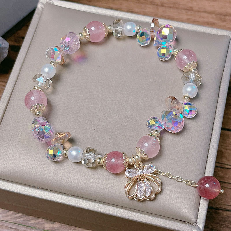 Buddha Stones Natural Strawberry Quartz Pearl Shell Positive Bracelet