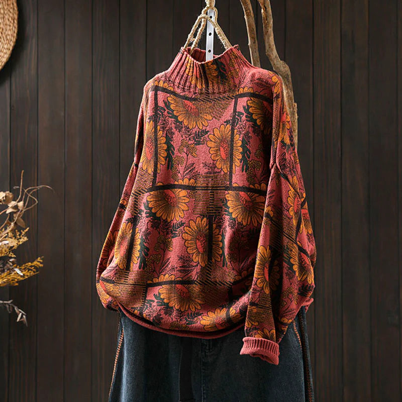 Buddha Stones Sunflower Pattern Mock Neck Long Sleeve Women's Cotton Sweater