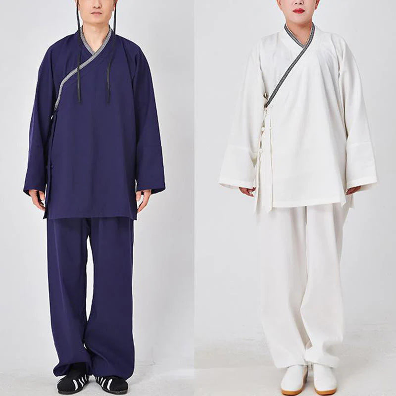 Buddha Stones 2Pcs Wudang Fall Solid Frog-Button Long Sleeve Linen Unisex Taoist Robe Kimono Pants Qigong Ceremony Suit
