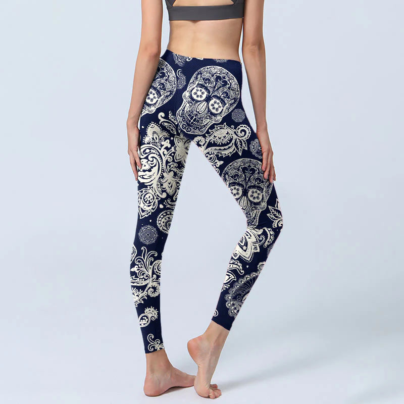 Buddha Stones Paisley Plant Skull Pattern Gym Leggings Women's Yoga Pants