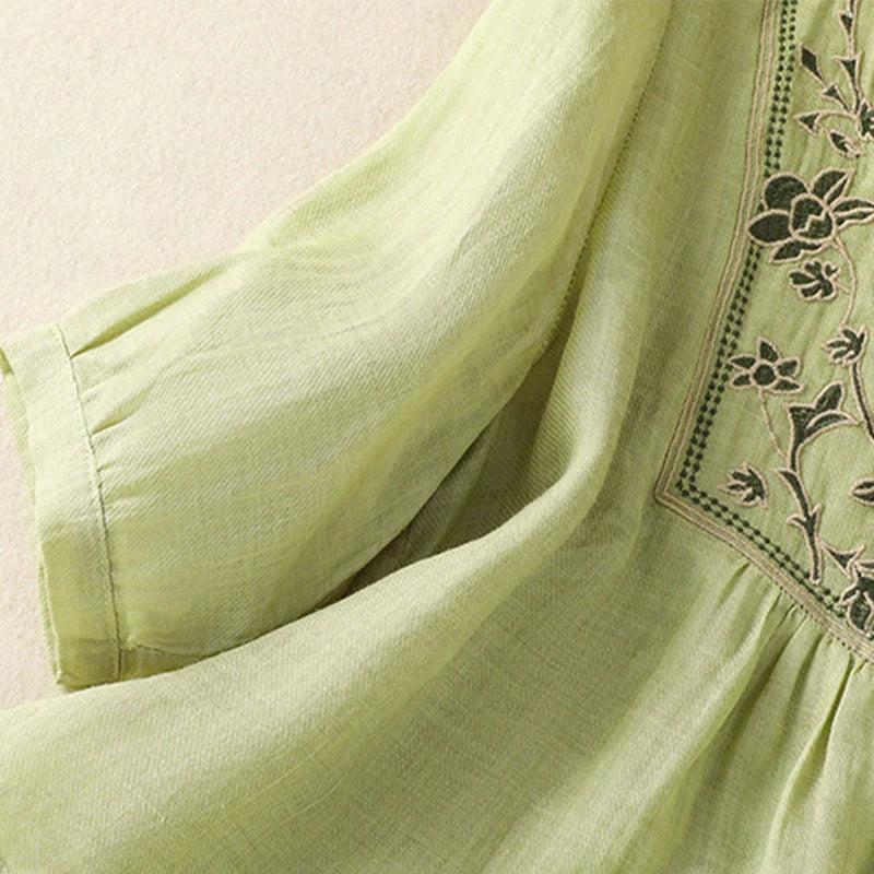 Buddha Stones Embroidery Single Breasted Women's Cotton Linen Three Quarter Sleeve Shirt