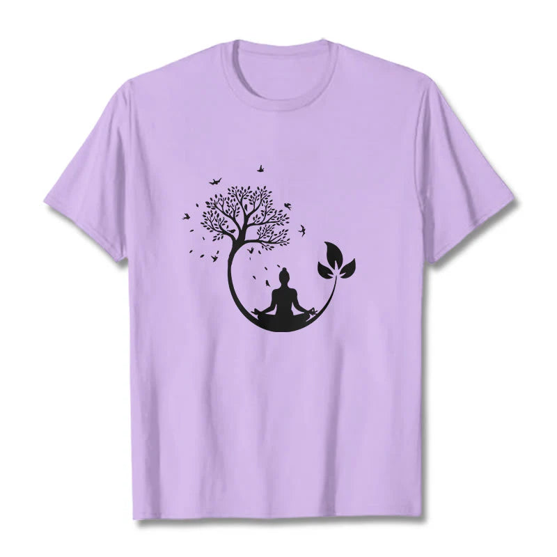 Buddha Stones Buddha Meditating In A Tree Pattern Cotton Tee T-shirt