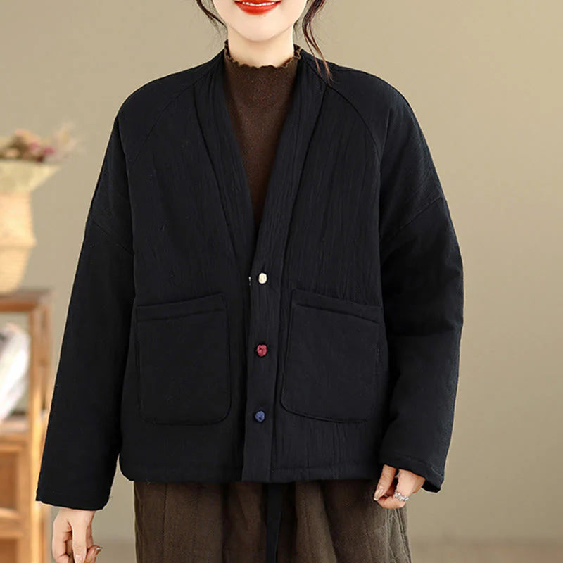 Buddha Stones Winter Long Sleeve Cotton Women's Thermal Jacket With Pockets