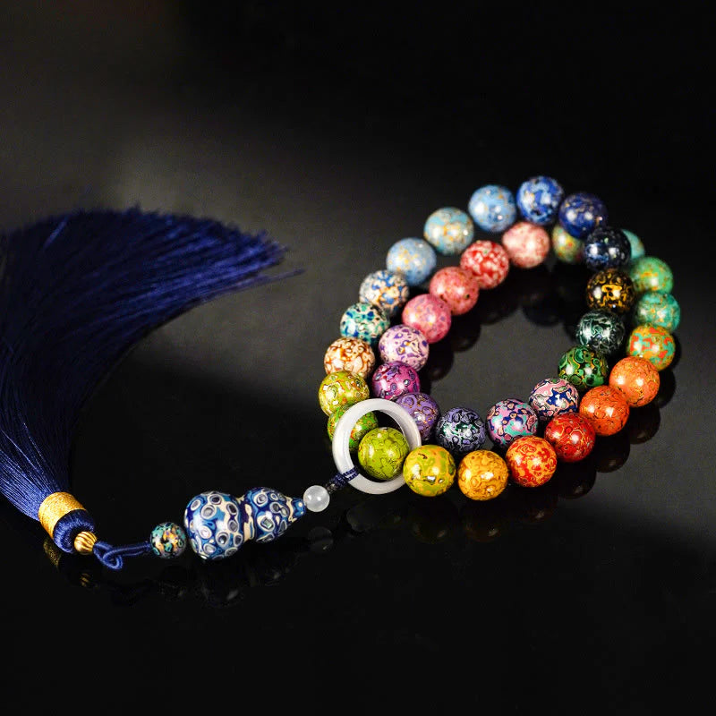 Buddha Stones Ebony Lacquer Craft Gourd Bead Tassel Blessing Bracelet