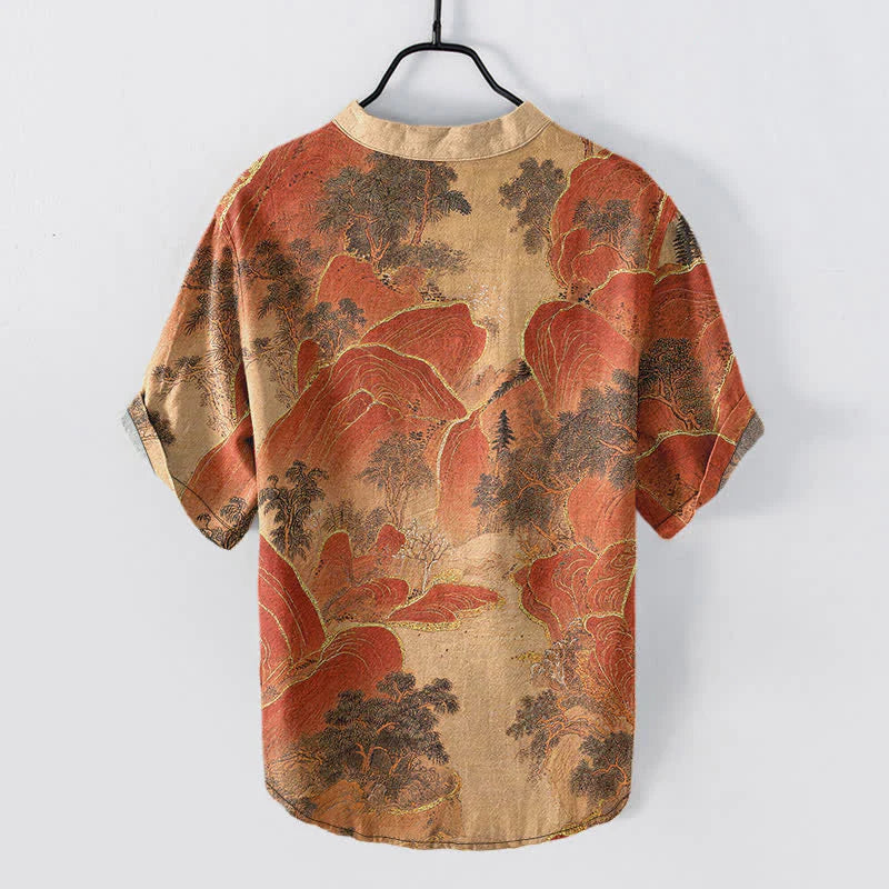 Buddha Stones Cotton Mountain Emblem Men's Short Sleeve Half Button Shirt