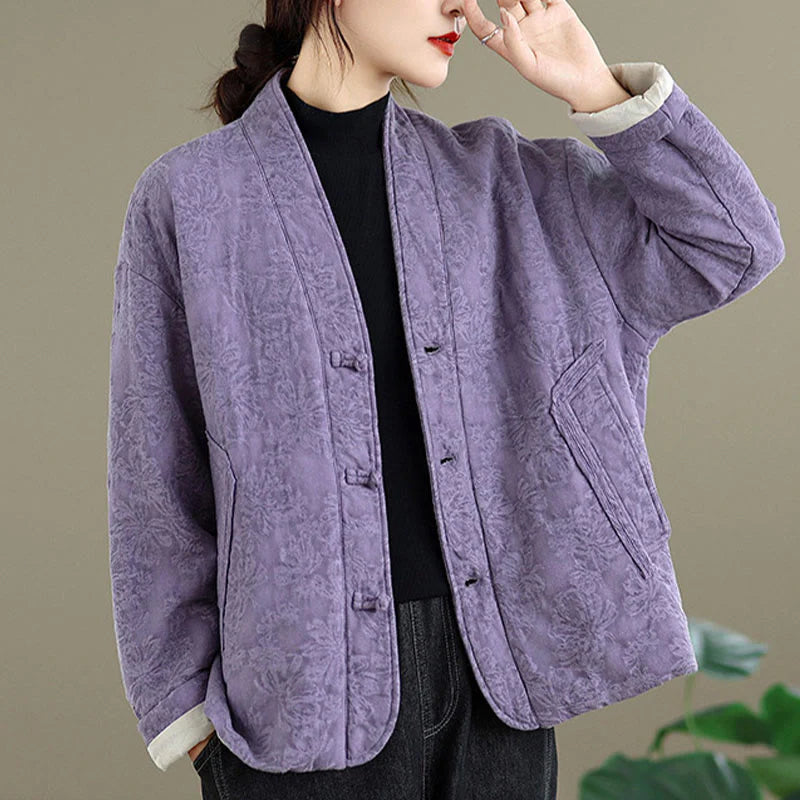 Buddha Stones Winter V-Neck Jacquard Frog-Button Cotton Long Sleeve Women's Thermal Jacket With Pockets
