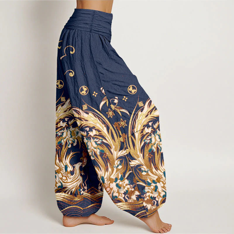 Buddha Stones Cotton Phoenix Butterfly Flower Pattern Women's Elastic Waist Harem Pants