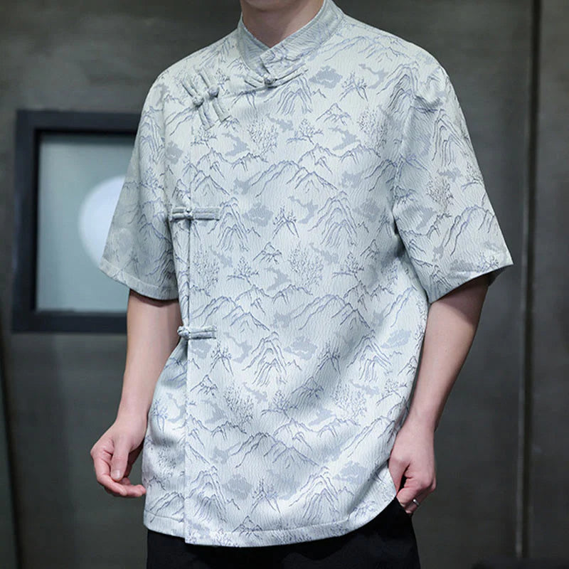 Buddha Stones Summer Mountain Pattern Jacquard Chinese Frog-Button Cotton Short Sleeve Men's Shirt
