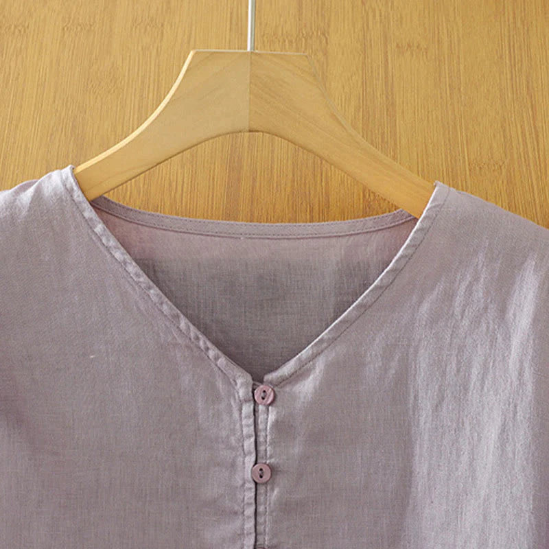 Buddha Stones Solid Buttons V-Neck Half Sleeve Women's Shirt