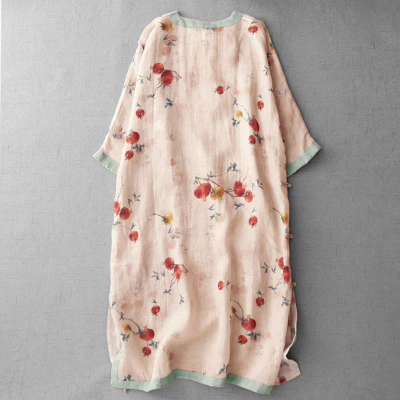 Buddha Stones Frog-Button Orchid Pomegranate Flowers Pattern Side Slit Design Half Sleeve Midi Dress