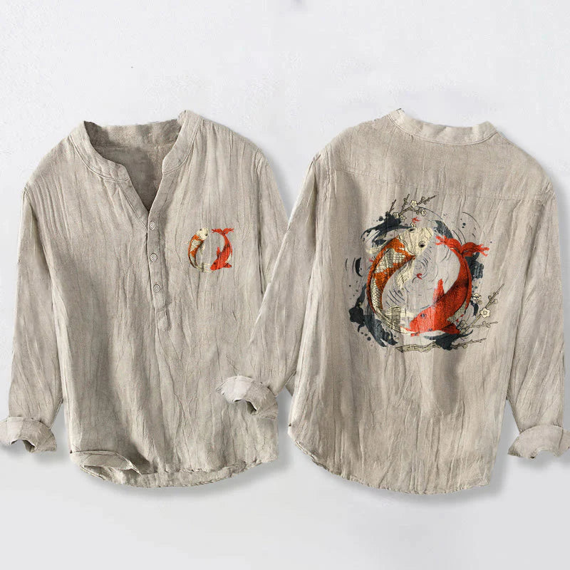 Buddha Stones Red White Koi Fish Yin Yang Pattern Half Buttons Men's Cotton Linen Long Sleeve Shirt
