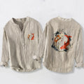 Buddha Stones Red White Koi Fish Yin Yang Pattern Half Buttons Men's Cotton Linen Long Sleeve Shirt