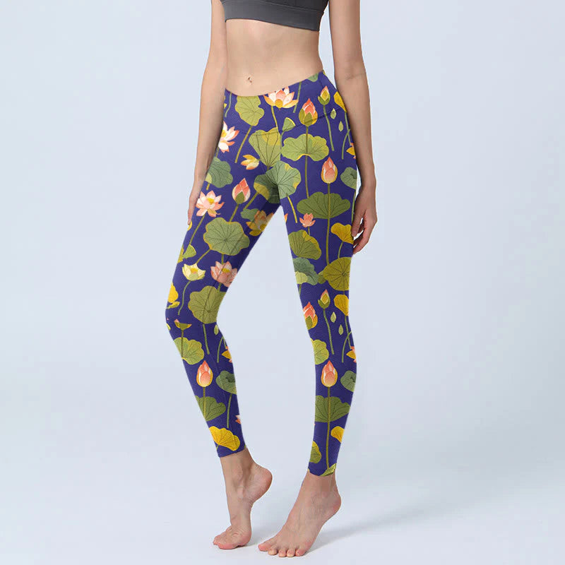 Buddha Stones Blooming Pink White Lotus Flower Lotus Leaves Pattern Print Gym Leggings Women's Yoga Pants