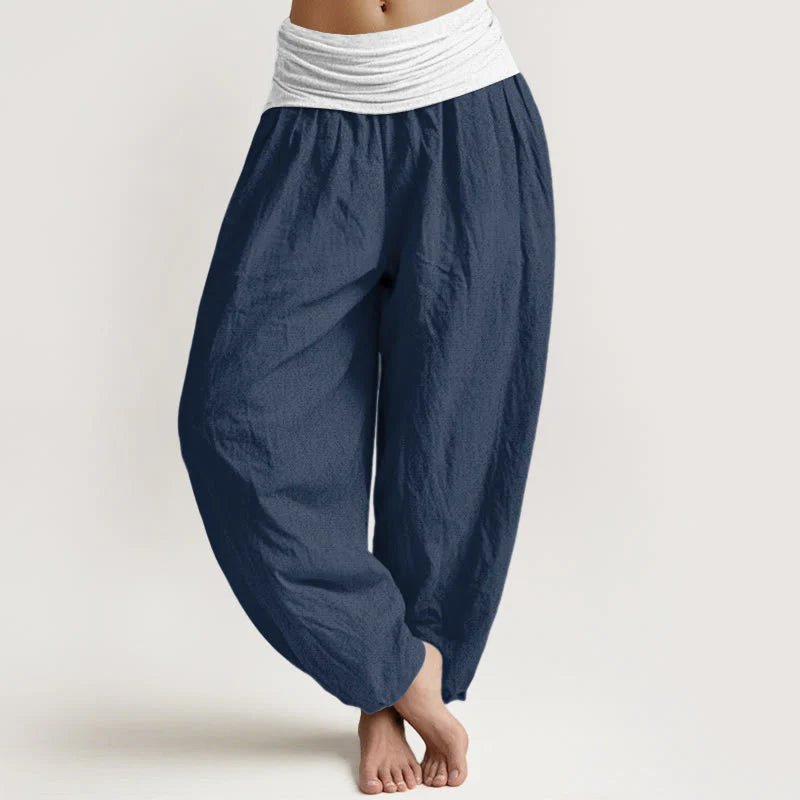Buddha Stones Cotton Blue Black Gray Solid Color Women's Elastic Waist Harem Pants
