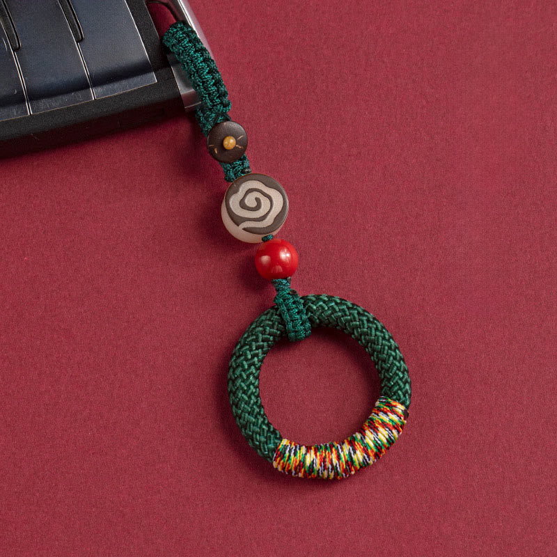Buddha Stones Handwoven Colorful Thread String Buckle Ivory Fruit Cinnabar Key Chain Phone Hanging Decoration