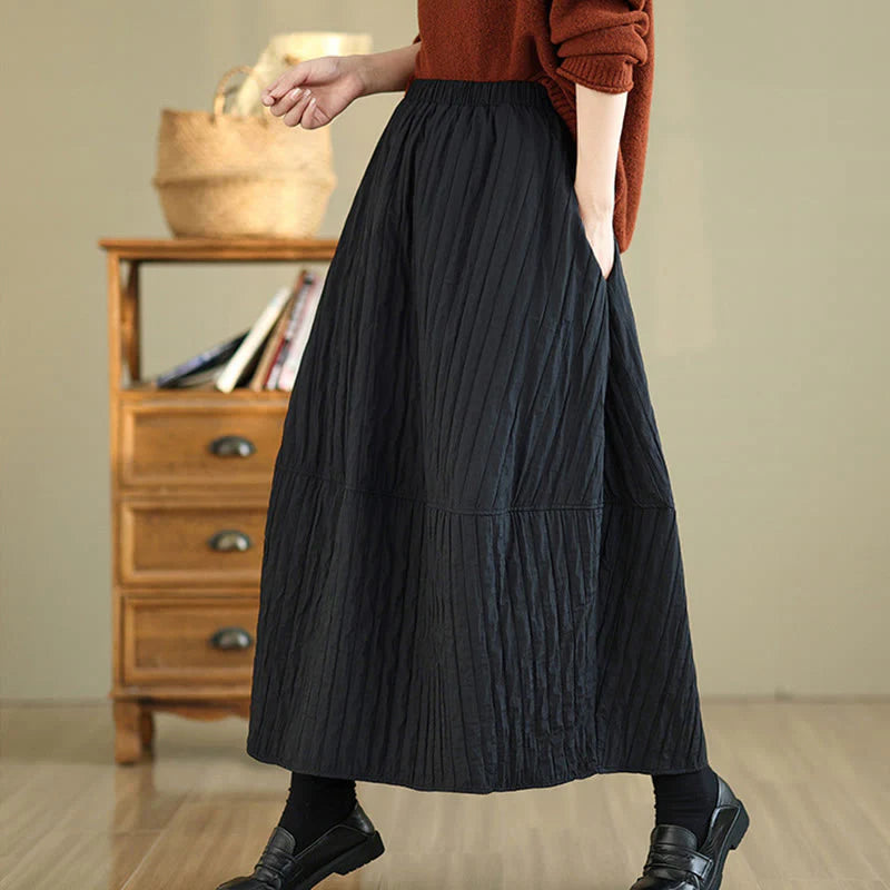 Buddha Stones Plain Pleats Design Elastic Waist Women's Thermal Skirt With Pockets